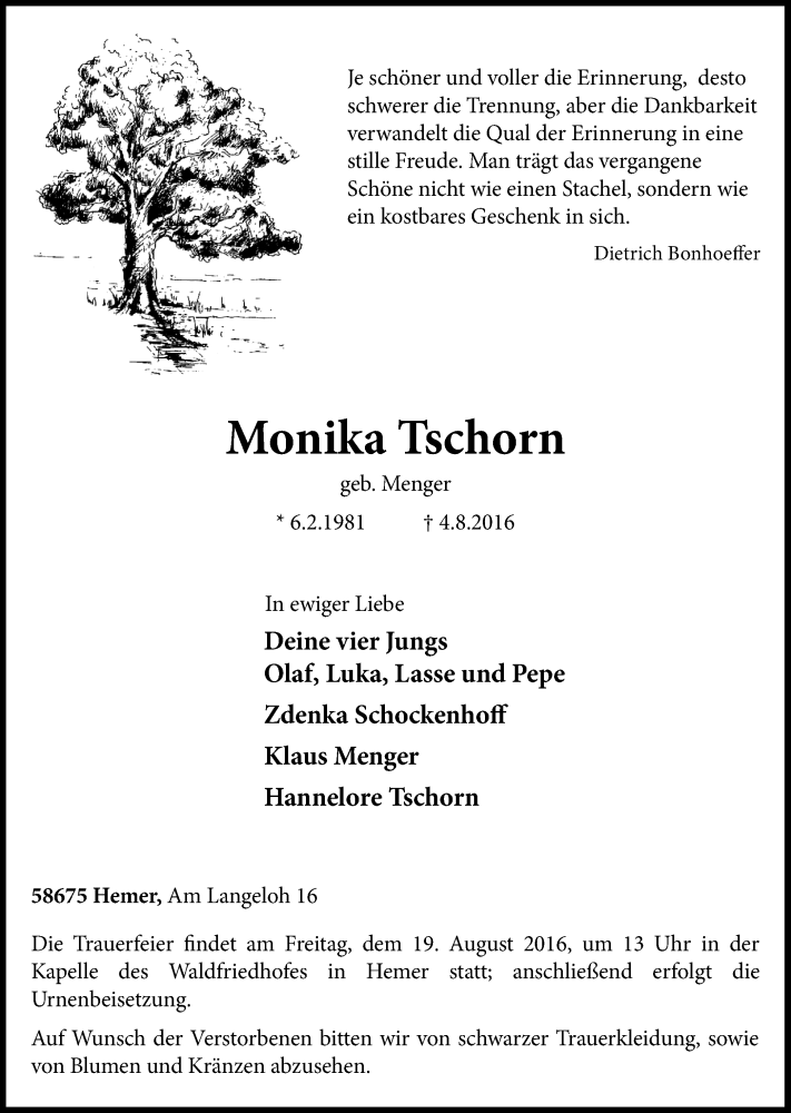  Traueranzeige für Monika Tschorn vom 13.08.2016 aus Stadtspiegel Iserlohn + Hemer