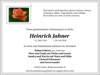 Traueranzeige von Heinrich Jahner von Lüner Anzeiger