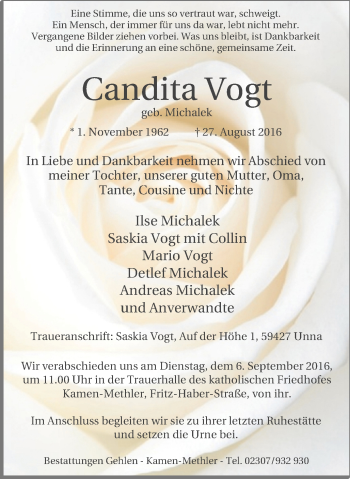 Traueranzeige von Candita Vogt von Stadtspiegel Kamen + Unna
