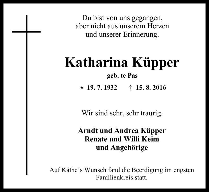  Traueranzeige für Katharina Küpper vom 27.08.2016 aus Wochen-Anzeiger Oberhausen