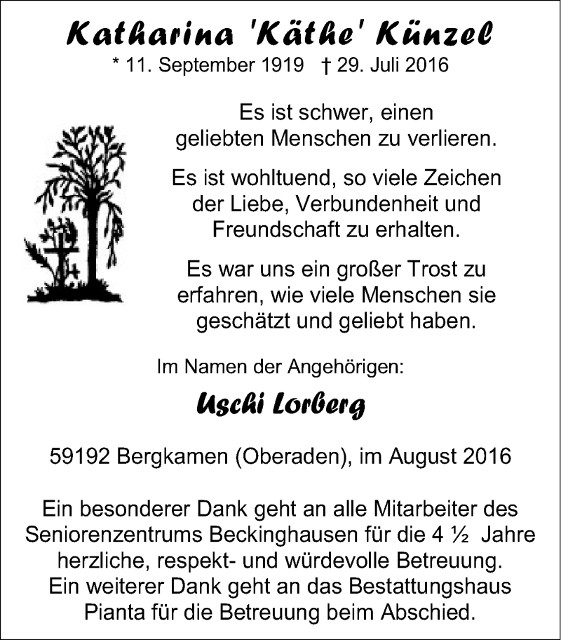  Traueranzeige für Katharina Künzel vom 27.08.2016 aus Lüner Anzeiger