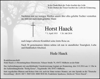 Traueranzeige von Horst Haack von Mülheimer Woche