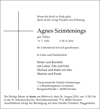 Traueranzeige von Agnes Szimtenings von Stadtspiegel Haltern + Dorsten