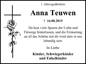 Traueranzeige von Anna Teuwen von Wochen-Anzeiger Oberhausen