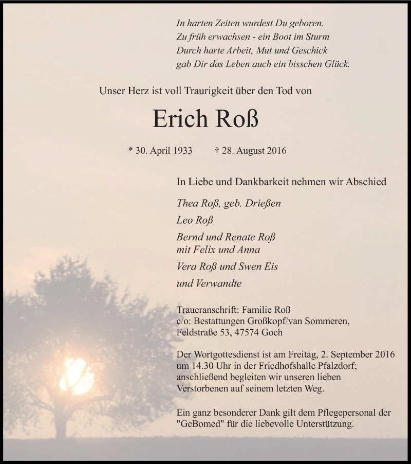  Traueranzeige für Erich Roß vom 31.08.2016 aus Gocher Wochenblatt