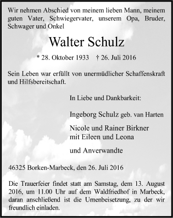 Traueranzeige von Walter Schulz von Süd Anzeiger Essen