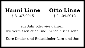 Traueranzeige von Hanni und Otto Linne von Klever Wochenblatt
