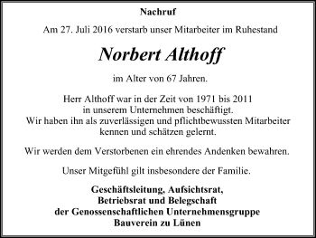 Traueranzeige von Norbert Althoff von Lüner Anzeiger