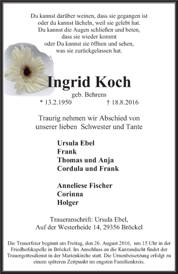 Traueranzeige von Ingrid Koch von Stadtanzeiger Velbert + Heiligenhaus