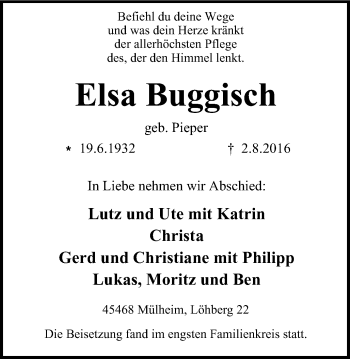 Traueranzeige von Elsa Buggisch von Mülheimer Woche