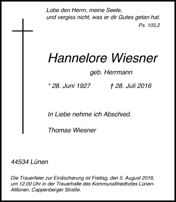 Traueranzeige von Hannelore Wiesner von Lüner Anzeiger