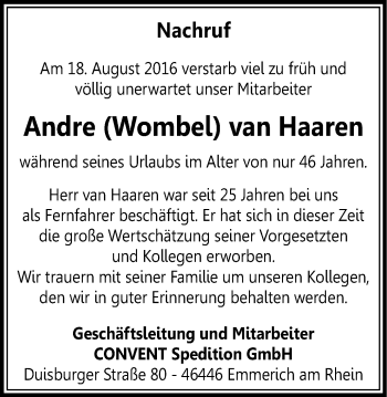 Traueranzeige von Andre van Haaren von Stadtanzeiger Emmerich/Rees/Isselburg + Klever Wochenblatt