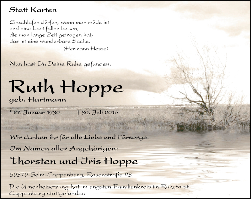  Traueranzeige für Ruth Hoppe vom 24.08.2016 aus Lüner Anzeiger