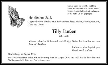 Traueranzeige von Tilly Janßen von Klever Wochenblatt
