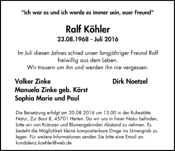 Traueranzeige von Ralf Köhler von Werden Kurier
