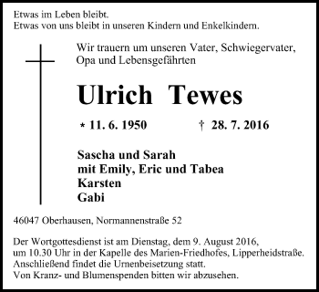 Traueranzeige von Ulrich Tewes von Wochen-Anzeiger Oberhausen