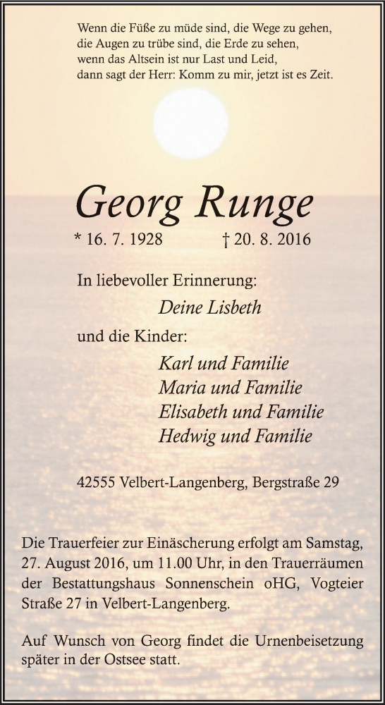  Traueranzeige für Georg Runge vom 24.08.2016 aus Stadtanzeiger Velbert + Heiligenhaus