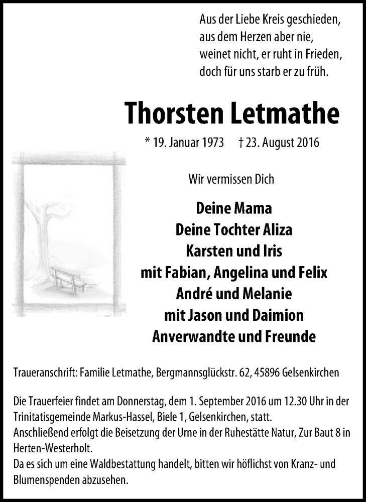  Traueranzeige für Thorsten Letmathe vom 27.08.2016 aus Stadtspiegel Gelsenkirchen