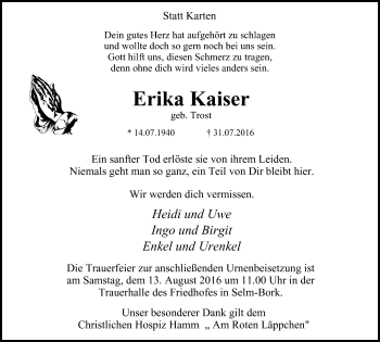 Traueranzeige von Erika Kaiser von Lüner Anzeiger