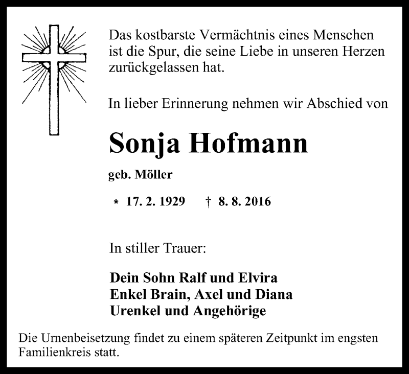  Traueranzeige für Sonja Hofmann vom 13.08.2016 aus Stadtspiegel Bochum + Wattenscheid