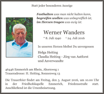 Traueranzeige von Werner Wanders von Stadtanzeiger Emmerich/Rees/Isselburg