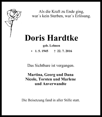 Traueranzeige von Doris Hardtke von Wochen-Anzeiger Oberhausen