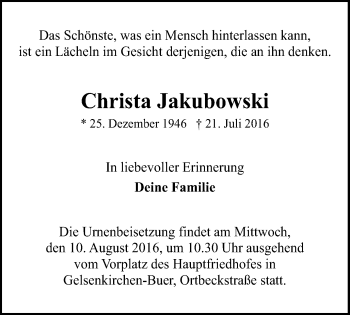 Traueranzeige von Christa Jakubowski von Stadtspiegel Gelsenkirchen