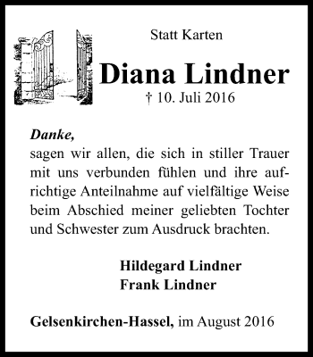 Traueranzeige von Diana Lindner von Stadtspiegel Gelsenkirchen