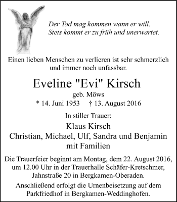 Traueranzeige von Eveline Kirsch von Stadtspiegel Kamen + Unna