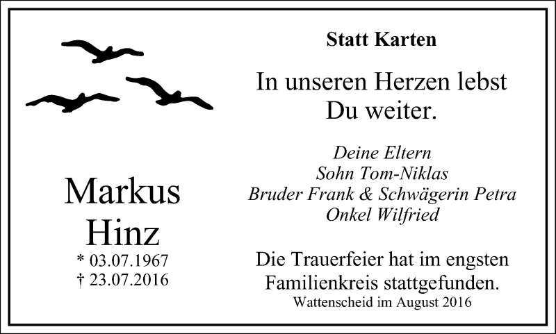  Traueranzeige für Markus Hinz vom 03.08.2016 aus Stadtspiegel Wattenscheid