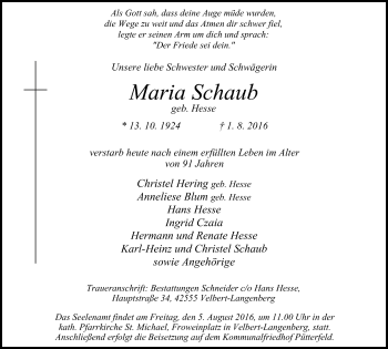 Traueranzeige von Maria Schaub von Stadtanzeiger Velbert + Heiligenhaus