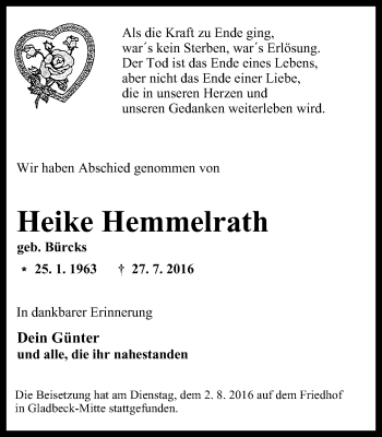 Traueranzeige von Heike Hemmelrath von Stadtspiegel Gladbeck