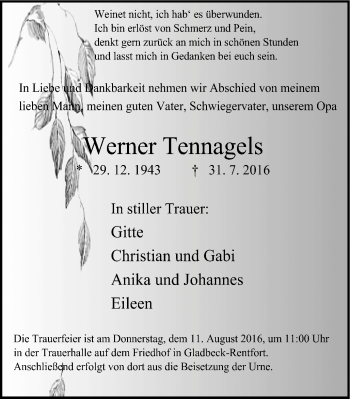 Traueranzeige von Werner Tennagels von Stadtspiegel Gladbeck