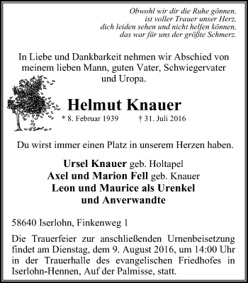Traueranzeige von Helmut Knauer von Stadtspiegel Iserlohn + Hemer