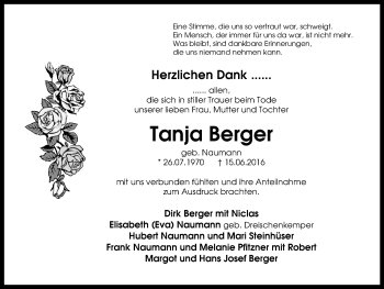 Traueranzeige von Tanja Berger von Stadtspiegel Haltern + Dorsten