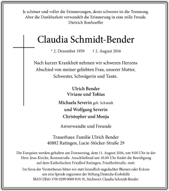 Traueranzeige von Claudia Schmidt-Bender von Mülheimer Woche
