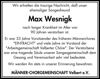 Traueranzeige von Max Wesnigk von Stadtanzeiger Velbert + Heiligenhaus