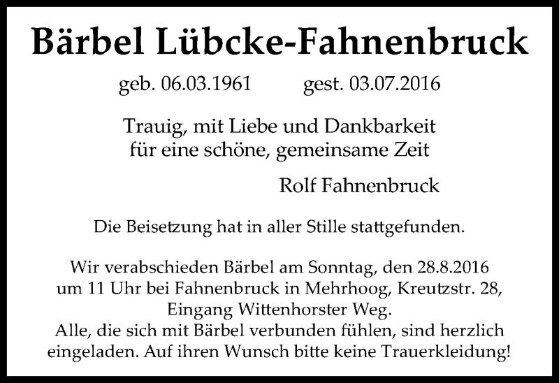  Traueranzeige für Bärbel Lübcke-Fahnenbruck vom 24.08.2016 aus Der Weseler + Der Xantener