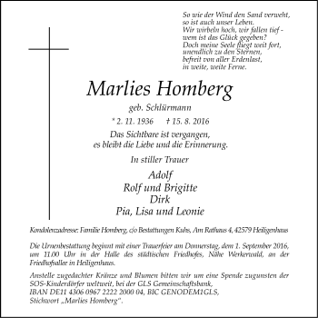 Traueranzeige von Marlies Homberg von Stadtanzeiger Velbert + Heiligenhaus