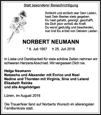 Traueranzeige von Norbert Neumann von Lüner Anzeiger