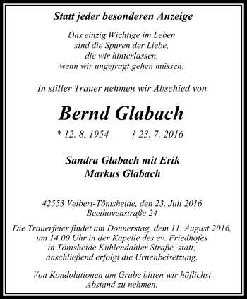 Traueranzeige von Bernd Glabach von Stadtanzeiger Velbert + Heiligenhaus