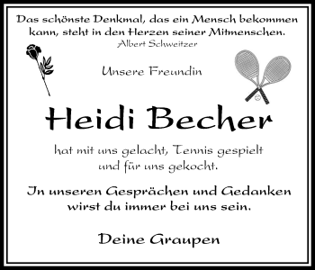 Traueranzeige von Heidi Becher von Stadtanzeiger Velbert + Heiligenhaus