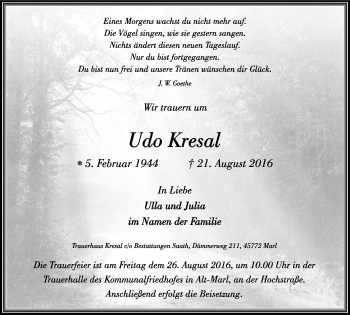 Traueranzeige von Udo Kresal von Stadtspiegel Gladbeck