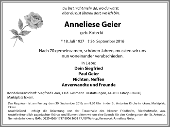 Traueranzeige von Anneliese Geier von Stadtanz.Castrop-Rauxel