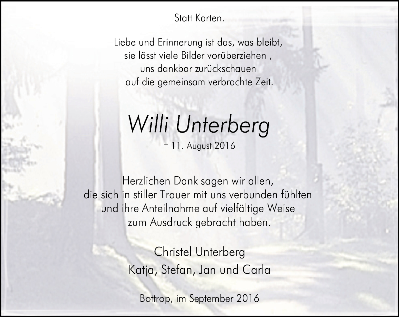  Traueranzeige für Willi Unterberg vom 17.09.2016 aus Stadtspiegel Bottrop