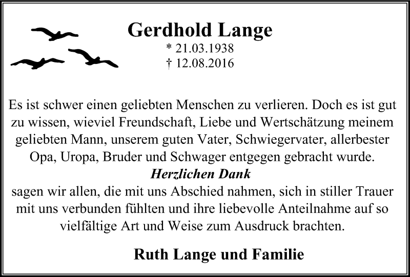  Traueranzeige für Gerdhold Lange vom 07.09.2016 aus Stadtspiegel Gladbeck