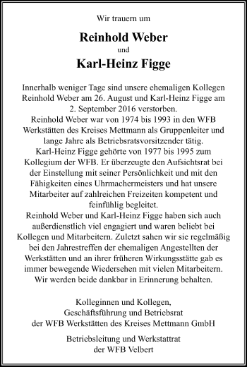 Traueranzeige von Reinhold und Karl-Heinz  von Stadtanzeiger Velbert + Heiligenhaus