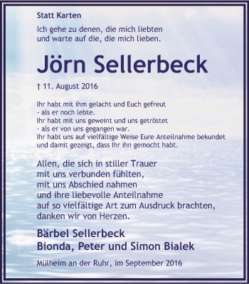 Traueranzeige von Jörn Sellerbeck von Mülheimer Woche
