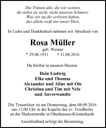 Traueranzeige von Rosa Müller von Wochen-Anzeiger Oberhausen