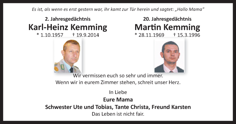  Traueranzeige für Karl-Heinz und Martin Kemming vom 21.09.2016 aus Stadtspiegel Bottrop